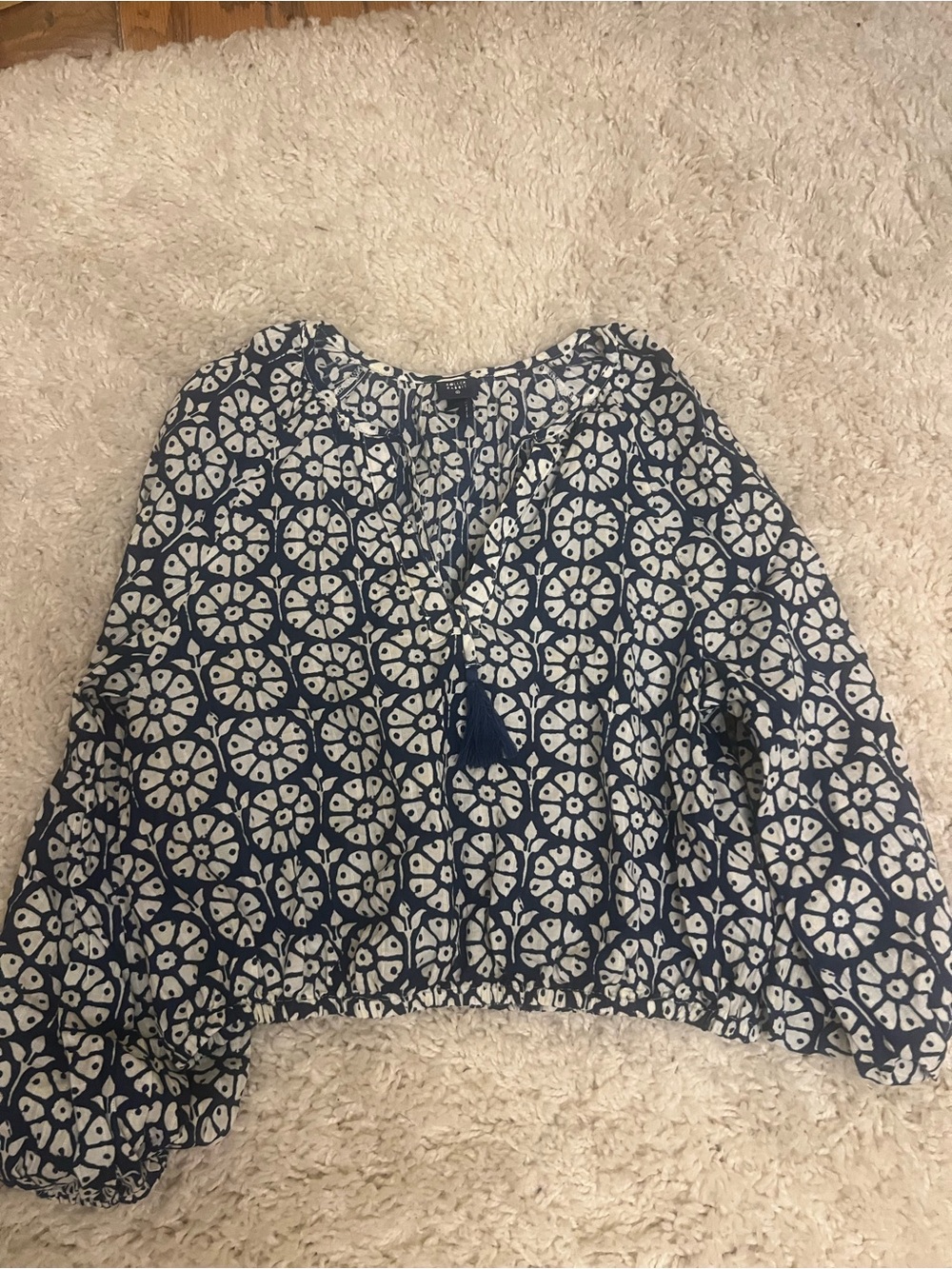 Roller Rabbit Navy and White Printed Peasant Blouse